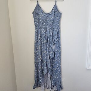 Blue Floral Smocked Ruffle Slit Knit Maxi Dress